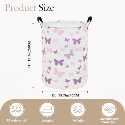 Round Fabric Collapsible Storage Basket with Handles, Purple Butterfly - color: Round-Purple Butterfly