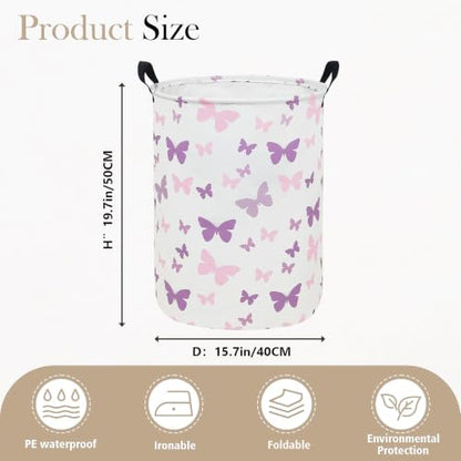 Round Fabric Collapsible Storage Basket with Handles, Purple Butterfly - color: Round-Purple Butterfly