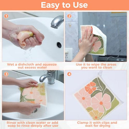 6 Pack Swedish Dishcloths for Kitchen,Abstract Floral Dish Towel with Clip - color: Pink Abstract Floral