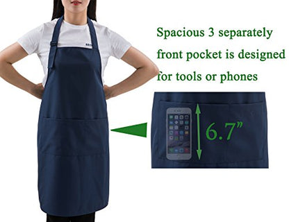 Navy Professional Resist Water Adjustable Extra Long Bib Apron 3 Pockets Home Kitchen Garden Restaurant Cafe Bar Pub Bakery for Cooking Chef Baker Servers Craft Unisex - color: Navy