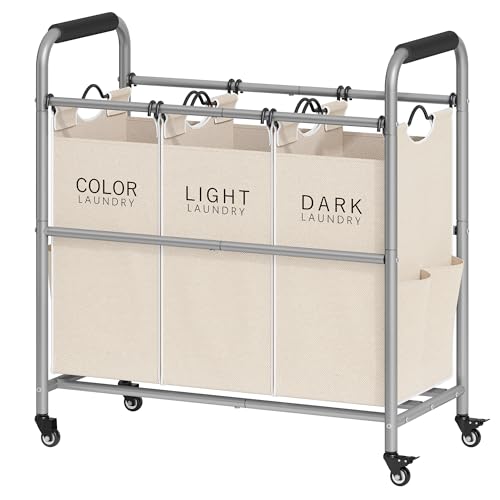 Tajsoon 3 Bag Laundry Sorter Cart with Removable Bags, Beige - color: Beige, size: 3 Bag