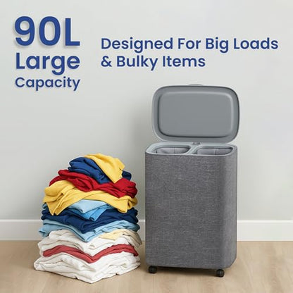 XABITAT Dual Section 90L Laundry Basket with Wheels and Lid – Tall divided Double Laundry Hamper with 2 Removable Washable Bags, Large Laundry Sorter for Easy Clothes Separation