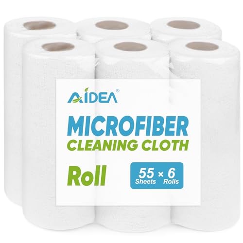 AIDEA White Microfiber Cleaning Cloth-330 Sheets 6 Roll, Shop Rags 11×9" - color: White, size: 55 Count (Pack of 6)