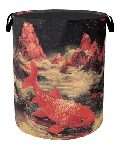 Japanese Style Red Fish Laundry Basket - Heavy Duty 60L Dirty Clothes Organizer, Water Resistant Foldable Hamper for Men Women - color: Japanese Style Red Fish