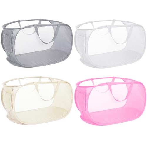 4 Pack Collapsible Laundry Baskets, Foldable Laundry Basket with Pocket, Durable Mesh Pop Up Hampers, Reinforced Handles Dirty Clothes Hamper for Laundry, Bedroom, Bathroom, Dorm, Travel or Camping - color: 4 x Gray+White+Beige+Pink