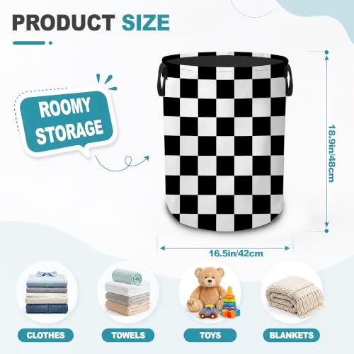 Laundry Hamper,Black White Checkerboard Collapsible Laundry Basket with Handles,Checkered Waterproof Oxford Cloth Clothes Organizer for Bedroom Bathroom Dorm Nursery,16 x 20 Inch - color: Black White Checkerboard,Checkered