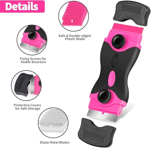 2Pcs Pink Double-Head Razor Scraper Set with 20Pcs Blades (10 Metal+10 Plastic), Multi-Use Cleaning Tool for Glass, Cooktop, Auto Film, Residue Removal