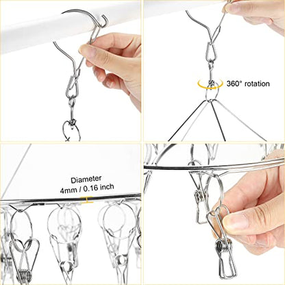 Folding Clothes Drying Hanger 36 Clips Stainless Steel Space-Saving Dryer Rack Washline with Peg for Sock, Underwear, Baby Clothes, Diapers and Hanging Small Washes
