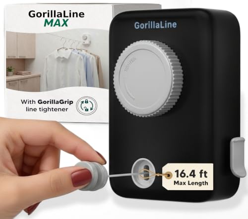 GorillaLine Max – Retractable Clothesline Indoor Outdoor, Non-Sagging Heavy Duty Clothes Drying Line, Wall Mounted Drying Rack, Air Dry Clothing, Max Tighten with GorillaGrip - color: Black Max