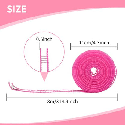 Windproof Travel Clothesline 2pcs, 16m Plastic Portable Washing Line Travel Laundry Line with 2 Hooks, Portable Fence Style Non Slip Clothes Line Ropes Outdoor Clothesline (Pink)