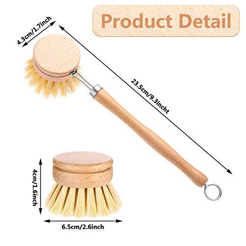 Boao 3 Pack Dish Brush with Beechwood Handle with Replacement Heads