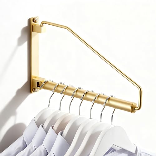 NEWRAIN Folding Wall Mounted Clothes Hanger Rack Clothes Hook Solid Brass with Swing Arm Holder Clothing Hanging System Closet Storage Organizer Heavy Duty Drying Rack Wall Mount,Brushed Gold - color: Brushed Gold, size: Triangle