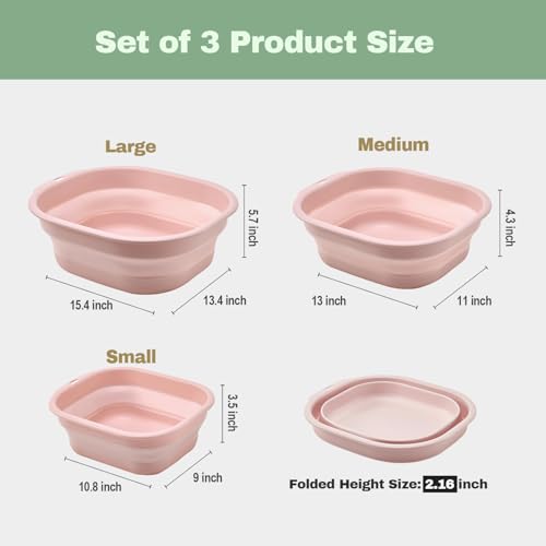 Collapsible Wash Basin Set of 3, Foldable Large Medium Small Wash Basins, Portable Plastic Basins for Laundry, Bottles, Travel, Camping (Pink) - color: Pink
