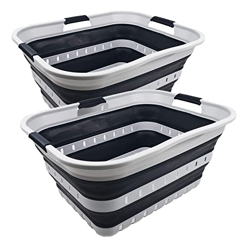 SAMMART 42L (11 gallon) Collapsible Plastic Laundry Basket - Foldable Pop Up Storage Container/Organizer - Portable Basket - Space Saving Hamper (Grey/Slate Grey (Set of 2)) - color: Grey/Slate Grey (Set of 2)