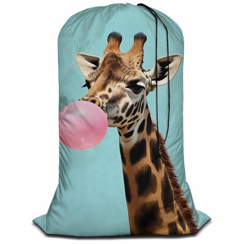 Swono Giraffe With Bubble Gum Sturdy Laundry Basket Hamper, Animals Pink Cute Wildlife Foldable Laundry bag Clothing Organization for Bathroom Bedroom Home Dorm Travel, Blue - color: Giraffe With Bubble Gum