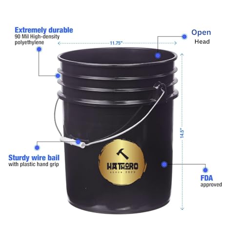 5 Gallon Food Grade Plastic Bucket, Open Head Pail with Handle, 12-3/8 in Diameter x 14-3/4 in Height (Black, 1 Pack) - color: Black, size: 1 Pack