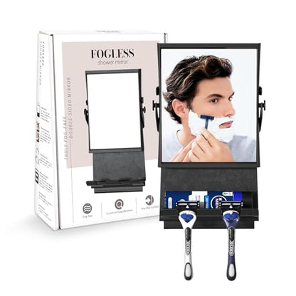 Ettori Fogless Shower Mirror for Shaving, Water-Filled Anti Fog Shower Mirror with 1X/3X Dual-Sided Magnification, No Drill Adhesive Mirror for Shower with Shelf, Razor Hooks and Squeegee, Black