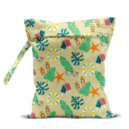 Wet Bag, Wet Dry Bag, Waterproof Swim Bags, Machine Washable Reusable Bags for Beach, Pool, Diapers, and Dirty Yoga Gym Clothes(Palm Leaf, Starfish & Beach Vacation Pattern - color: Butter Yellow Summer Tropical