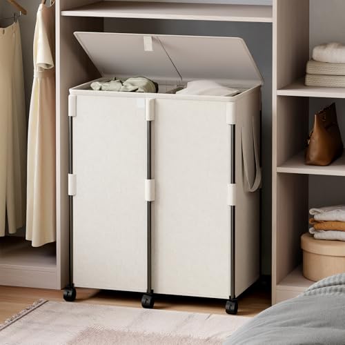 160L Double Laundry Hamper with Lid and 6 Wheels, Rolling Laundry Basket - color: White, size: 160L(24.8"L x 14.2"W x 29.92"H)