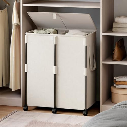 160L Double Laundry Hamper with Lid and 6 Wheels, Rolling Laundry Basket - color: White, size: 160L(24.8"L x 14.2"W x 29.92"H)