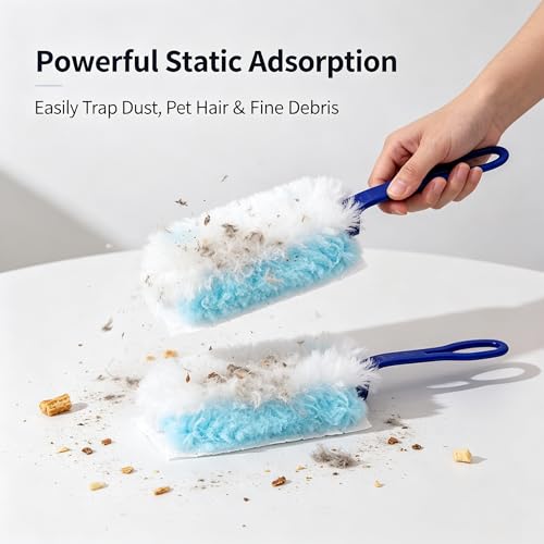 Folding Handle Duster with 10 Refills, Electrostatic Dust Cleaner for Home Car Desk Blinds Ceiling Fans, Portable Dusting Wand for Hair Debris, Light Blue