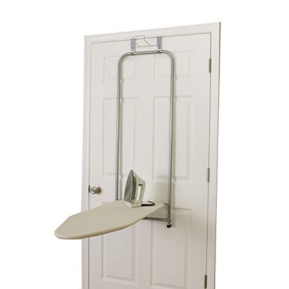 Household Essentials 144222 Over The Door Small Ironing Board with Iron Holder, Natural Cotton Cover Silver - color: Silver