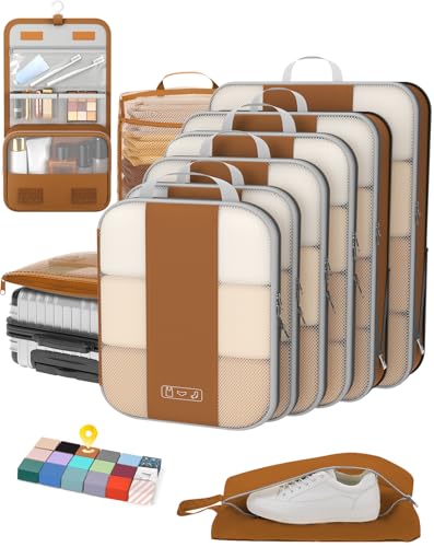 OlarHike 10 Set Compression Packing Cubes for Travel Essentials,Compressible Expandable Space Saver Bags for Organizing Clothes,Luggage Suitcase Garment Bags with Over 1000 pcs Mesh Holes(Brown) - color: Brown