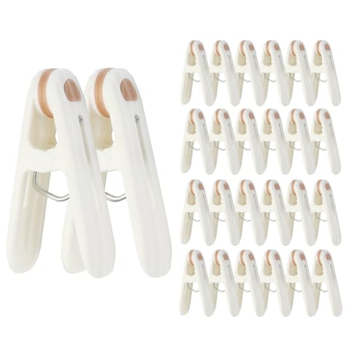 24 Pack Plastic Clothes Pins Heavy Duty Clothespins for Laundry, 2.36 Inch Clothesline Clips Clothes Pegs with No Trace Design, Windproof Clothes Clips for Hanging Clothes, Socks, Towel, Snack (Khaki) - color: White & Khaki