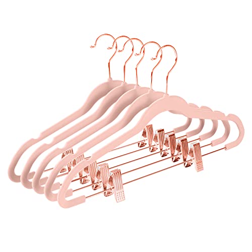 MIZGI Premium Velvet Pants Hangers with Clips (Pack of 20) Slim Skirt Hangers- Non Slip Felt Outfit Dress Hangers Blush Pink - Copper/Rose Gold Hooks,Space Saving Shirt Clothes Hangers - color: Blush Pink/Rosegold, size: 20-Pack