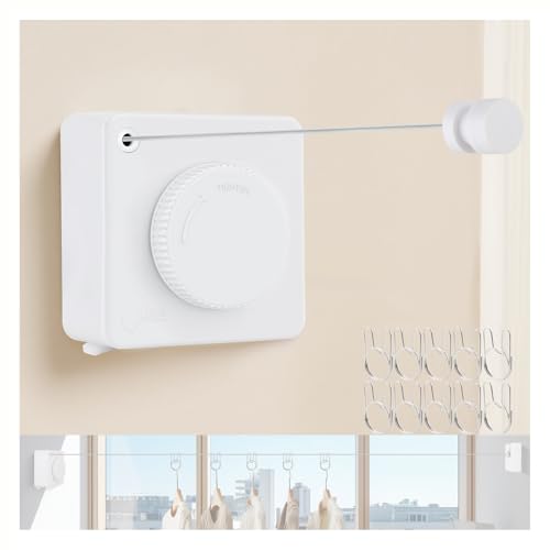 15.7Ft Retractable Clothesline Indoor Outdoor is Also an Anti-sag Clothes line for Indoors, Stainless Steel Wire Retractable Laundry Line for Drying Clothes, with 10 Windproof Clips (White) - color: White