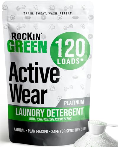 Rockin' Green Active Wear Laundry Detergent Powder & Odor Eliminator for Sportswear & Workout Clothes, Plant-Based Enzymes Target Sweat & Odor, Dermatologist Tested, Unscented, 120 Loads - size: 120 Loads