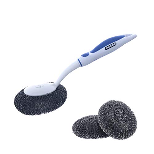 Superio BBQ Grill Brush Bristle Free Stainless Steel Scrubber Cleaner Dishwashing Brush with Long Handle, Great for Pots, Pans, Stove, Cast Iron, Gas/Charcoal/and Electric Grills (Blue, 3 Pc Set) - color: Blue, size: 3 Pc Set