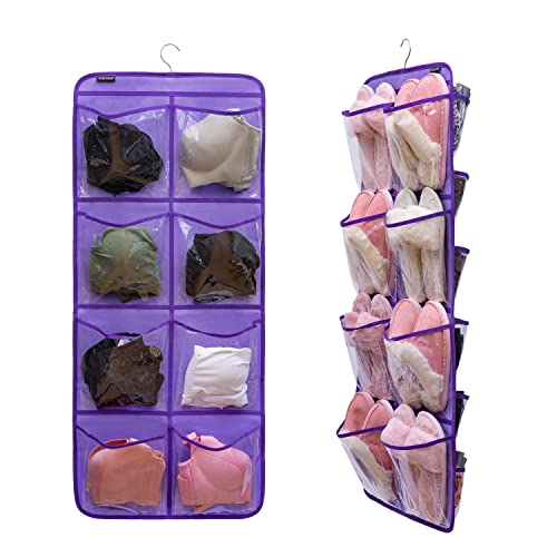 Dual-Sided Hanging Closet Organizer for Socks Underwear Bra Kids Storage Organizer for Baby Clothes Toddler Shoes with 26 Pockets (Purple-Clear Pockets) - color: PURPLE