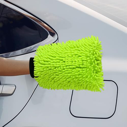 Fluorescent Green Microfiber Car Wash Mitt – Thickened Chenille Cleaning Glove for Car Windows & Detailing, Dual Use Wet/Dry - color: Green