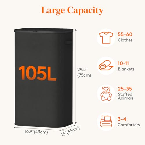 Lifewit 105L Large Laundry Hamper with Lid, Removable Inner Bag, Black - color: Black, size: 105L