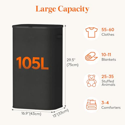 Lifewit 105L Large Laundry Hamper with Lid, Removable Inner Bag, Black - color: Black, size: 105L
