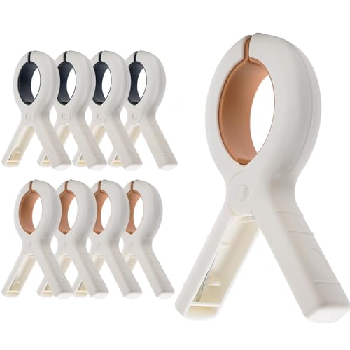3.8" Extra Large Beach Towel Clips - Heavy Duty PP & Stainless Steel, Non-Slip Silicone Pads (9-Pack, Khaki/Blue), Secure Blankets, Tablecloths, Pool & Camping Gear