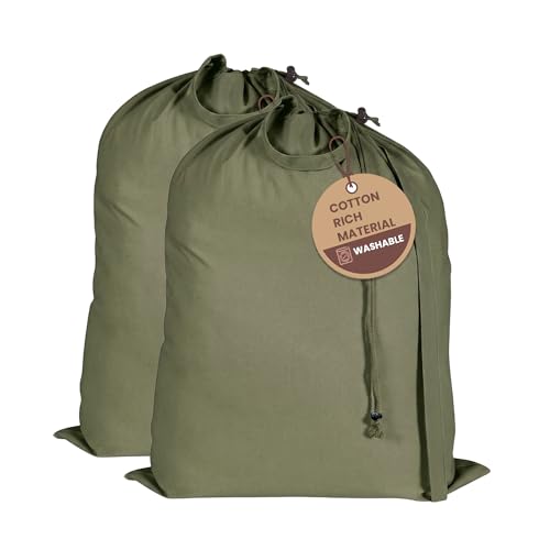 LFH Home Large Premium Cotton Rich Canvas Laundry Bag with Drawstring and Handles Heavy Duty, Multi-Use, and Washable for Home, Travel, College or Storage 20x30 (Pack of 2)-Military Green - color: Military Green, size: 20"x30" (Pack of 2)