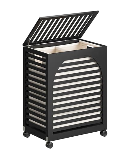 Black Laundry Hamper with Wheels, Large Laundry Basket with Lid, 27.3 Gallon (103.4L) Bamboo Wood Clothes Laundry Hamper 2 Section with Handles, Removable Liner - color: Black, size: Large