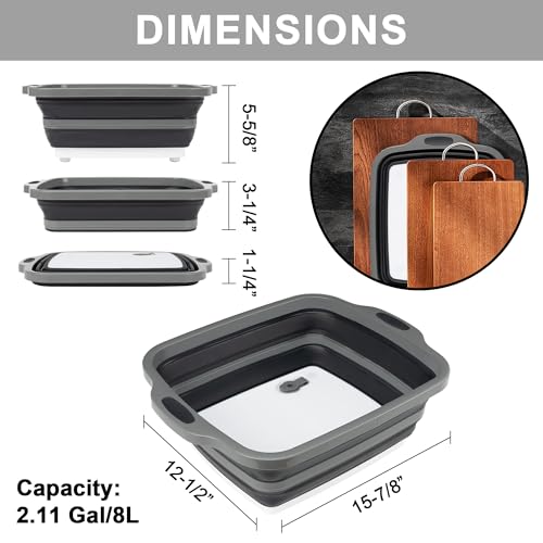 Collapsible Cutting Board with Container, Foldable Camping Sink with Colander, BBQ Prep Tub with Lid, Multifunction Dish Basin for Kitchen, Bowl, Vegetable and Fruit, 2.11 Gal/8L Storage Basket - color: Black, size: 15.7"L x 12.8"W