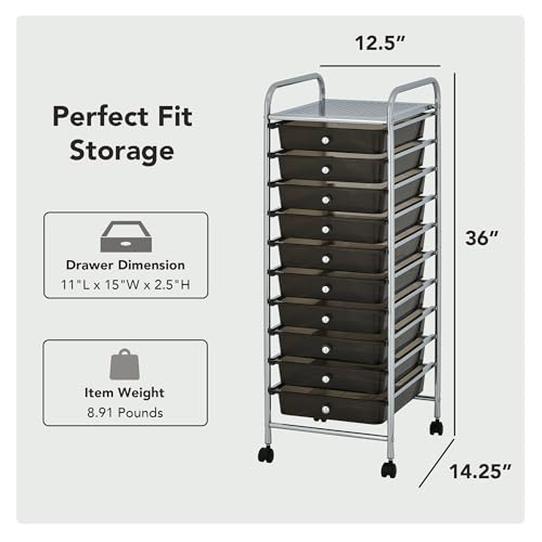 Display By Jack Rolling Storage Cart 10 Drawer Organizer with Black Drawers, Slim 36" Chrome Frame, Locking Wheels, and Top Shelf for Office, Classroom, Bathroom, or Craft Storage - color: BLACK