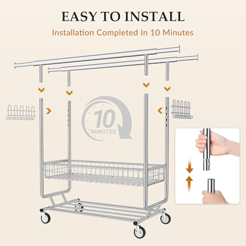 Gewudraw Clothes Rack Heavy Duty Load 1060 LBS With 4" Wheels,Commercial - color: Silver, style: Double Rod & Shelves