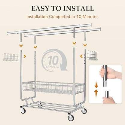 Gewudraw Clothes Rack Heavy Duty Load 1060 LBS With 4" Wheels,Commercial - color: Silver, style: Double Rod & Shelves