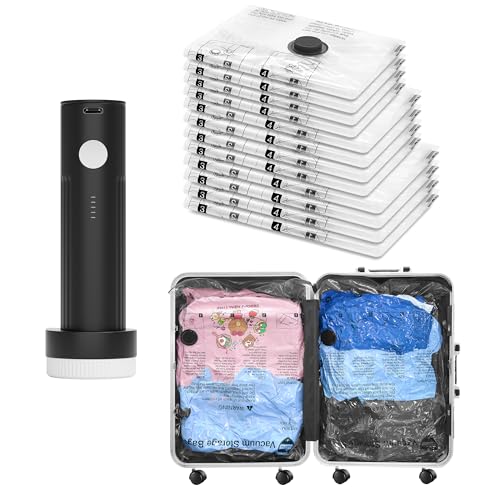 Vacuum Seal Bags for Clothing Travel and Home Storage, Travel Vacuum Bags with Electric Pump, Space Saver Compression Packing Cubes for Luggage Suitcase Bedding Blankets Clothes, 12 Combo - size: 12 Combo