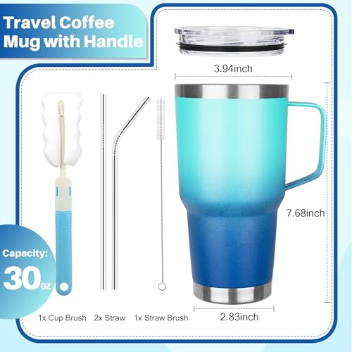 30 oz Stainless Steel Tumbler with Handle, Double Wall Vacuum Insulated Coffee Mug with Lid and Straw, Thermal Cup for Cold and Hot (Light Dark Blue) - color: Light Dark Blue, size: 30 Ounces
