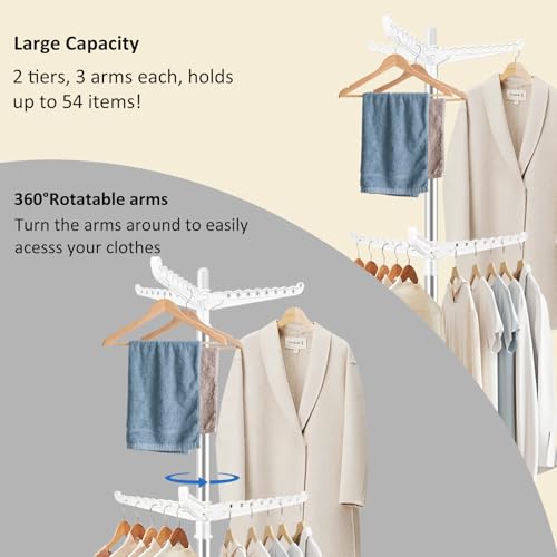 SUYU Clothes Drying Rack,Folding Clothes Drying Tree, 2 Layer with 6 Rotatable Arms,72-Inch Indoor Clothes Rack,Stainless Steel,4 Legs,White and Silver SNJ202 - style: 2-Tier-Hang