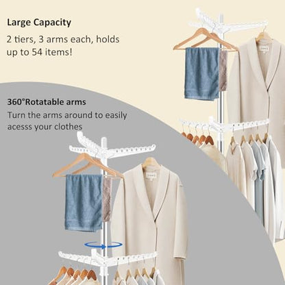 SUYU Clothes Drying Rack,Folding Clothes Drying Tree, 2 Layer with 6 Rotatable Arms,72-Inch Indoor Clothes Rack,Stainless Steel,4 Legs,White and Silver SNJ202 - style: 2-Tier-Hang