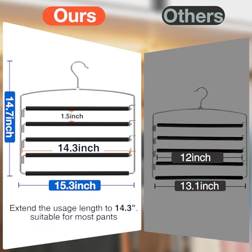 Korpai 6-Pack Pants Hangers Space-Saving Multi-Layer,150° Rotate Metal Swing Arm Non Slip Foam Padded,Closet Organizers and Storage 360 Swivel Top Hook for Jeans,Trouser,Slacks,Skirt,Scarfs,Towels ect