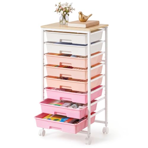 VASAGLE Rolling Cart with Drawers, Craft Organizers and Storage - color: Pink + White, size: 8 Drawer