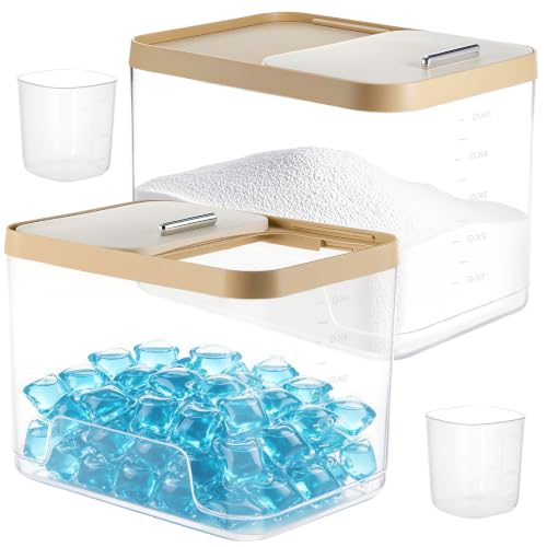 Large Laundry Pods Container with Slide Lid, Laundry Room Organization for Booster Beads with Measuring Scoops, Laundry Pods Holder Powder Container for Scent Booster, Powder, Pods. (2 Pack Clear)
